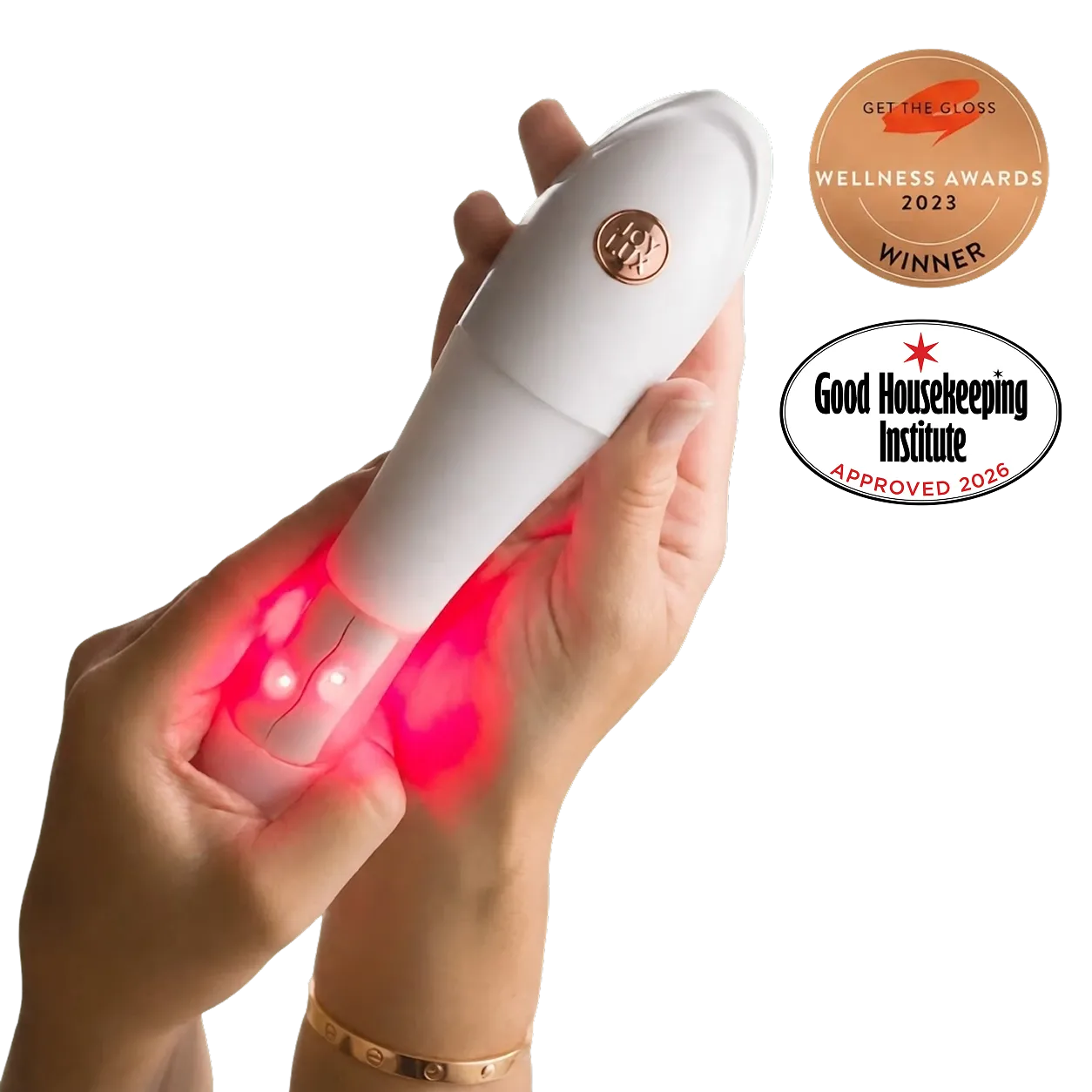 Hands holding the pelvic care device with red light active, alongside award badges