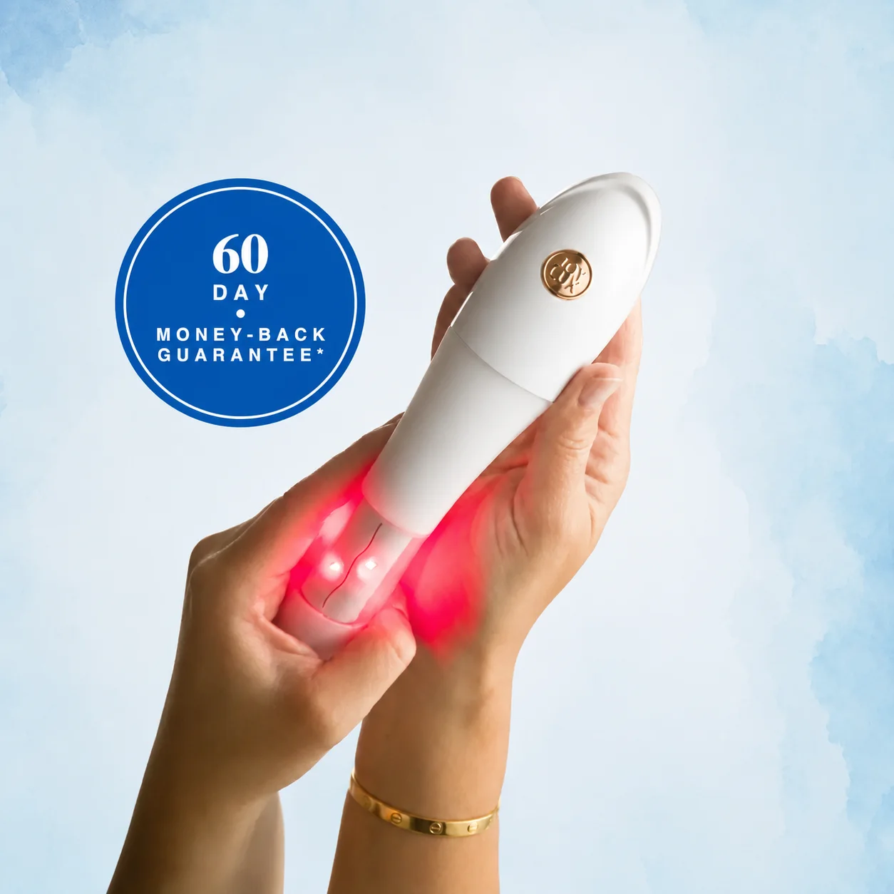Hands holding the device with a 60-day money-back guarantee badge
