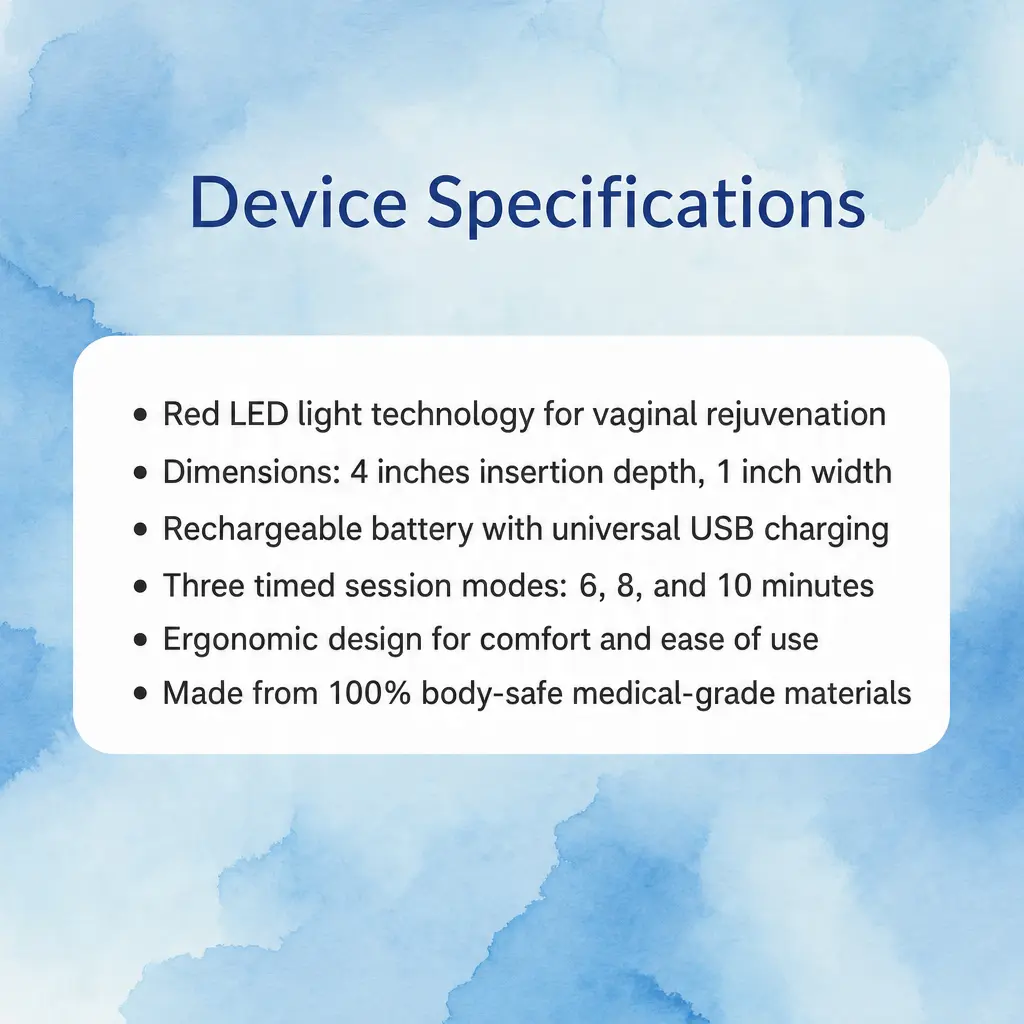Device specifications: red LED light, dimensions, battery and session modes